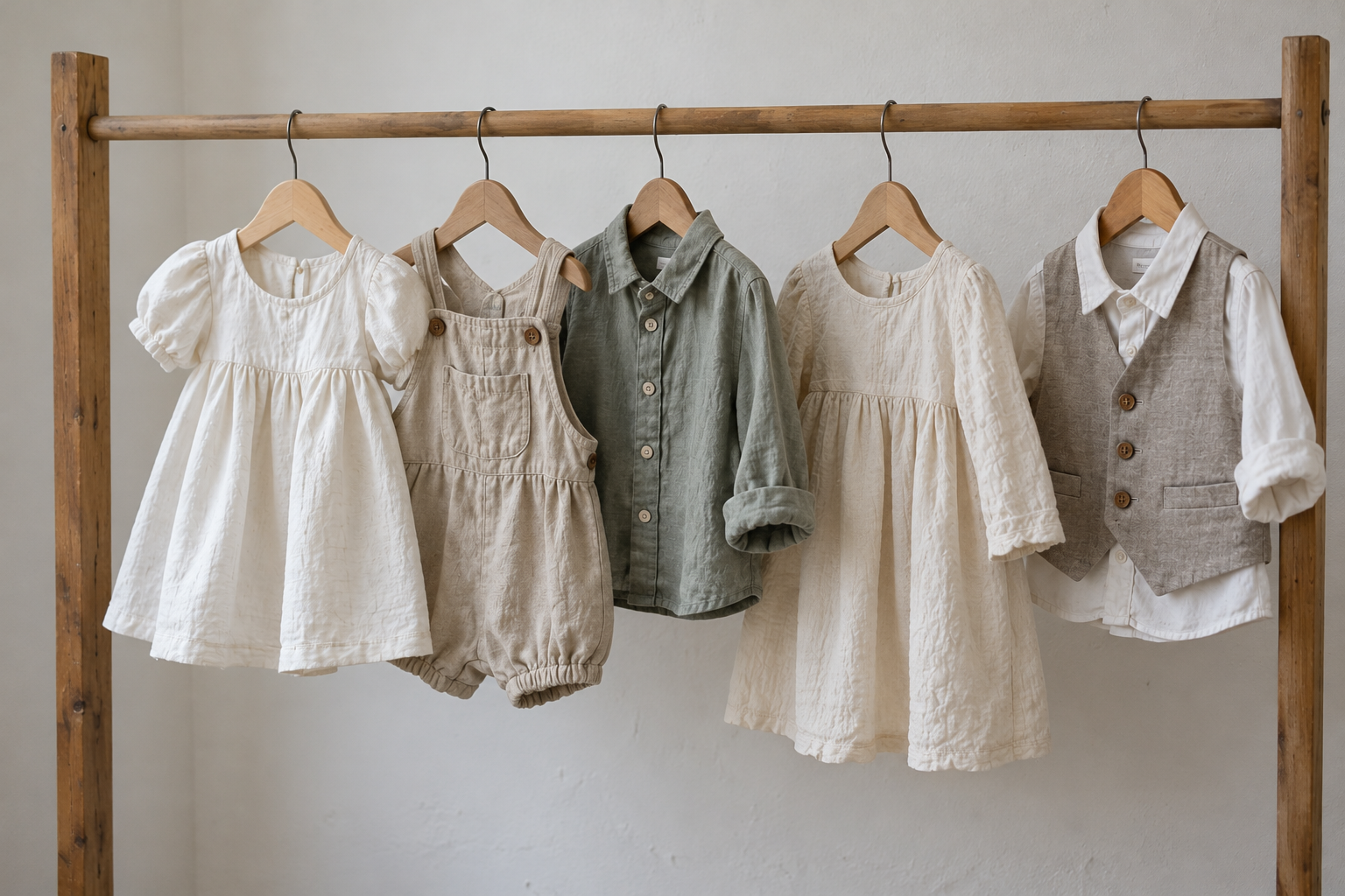 やさしい色合いの子ども服が並ぶ衣装ラックのイメージ